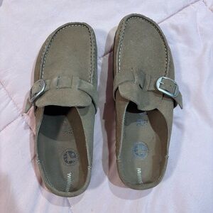 Birkenstock Women's Buckley Clogs in Gray Taupe Suede Size 38 Narrow